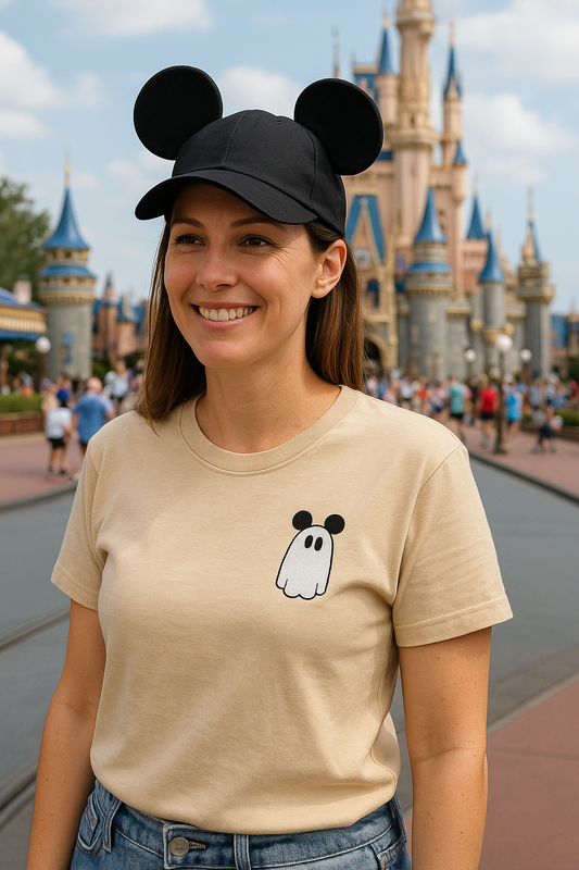 Woman wearing a beige t-shirt with a ghost and mouse ears design, standing in front of a castle.